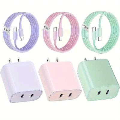 Dual Port USB C Fast Charger With 6.6ft Long USB C Cable